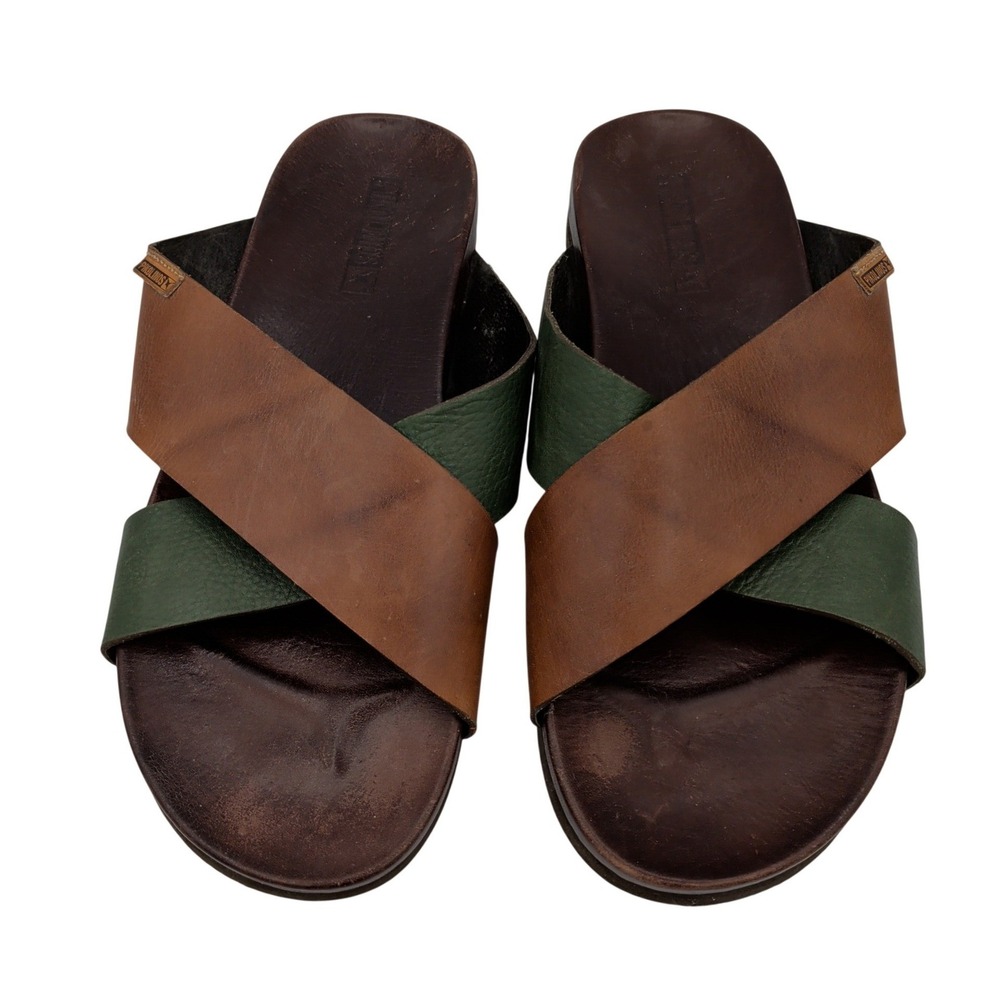 Pikolinos Mens 11.5-12 45 Brown Green Leather Cross Strap Slide Sandals Spain